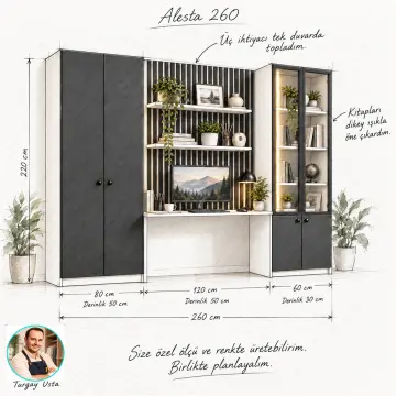 Alesta 260 Dikey LED’li Cam Kitaplıklı Gardıroplu Çalışma Alanı