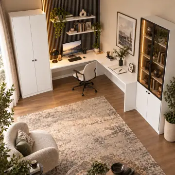 Elaris L240 Dikey LED’li Cam Kitaplıklı Gardıroplu L Çalışma Alanı