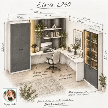 Elaris L240 Dikey LED’li Cam Kitaplıklı Gardıroplu L Çalışma Alanı