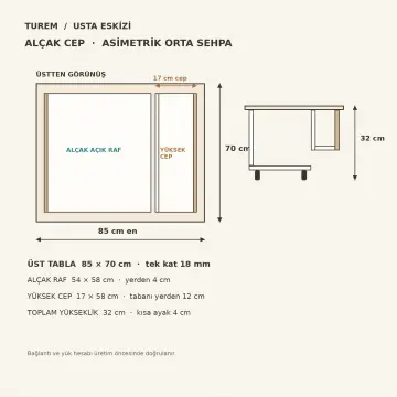 Alçak Cep 85×70 cm Asimetrik Orta Sehpa