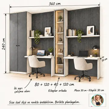 Lerova 360 Bronz Reflekte Cam Kitaplıklı İki Kişilik Gardıroplu Çalışma Masası