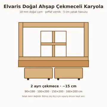Elvaris Doğal Ahşap Çekmeceli Karyola