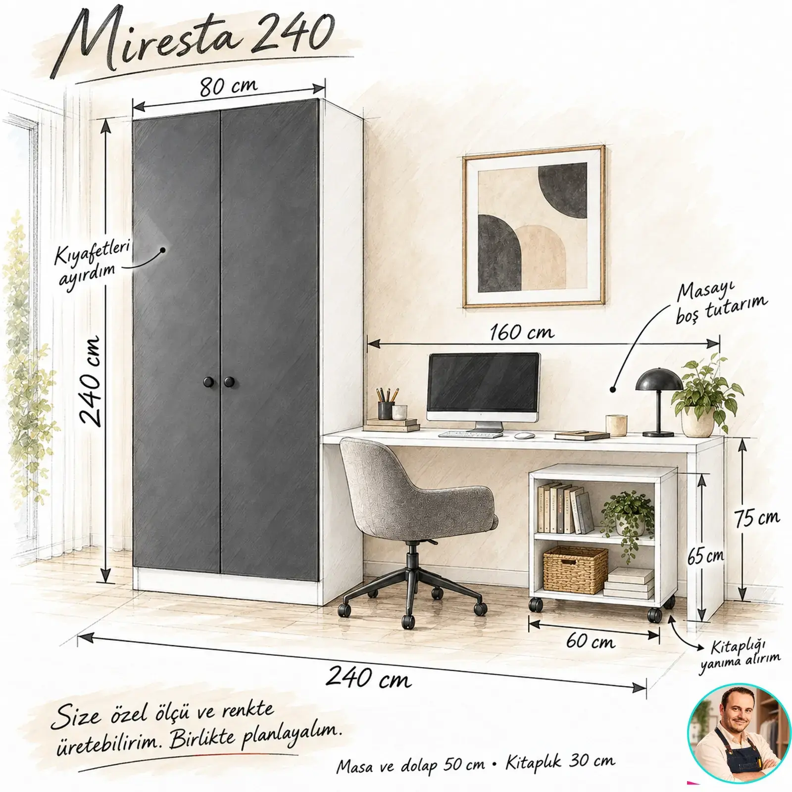 Miresta 240 hareketli kitaplıklı çalışma masası ölçüleri ve Turgay Usta tavsiyesi