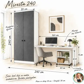 Miresta 240 Hareketli Kitaplıklı Gardıroplu Çalışma Masası