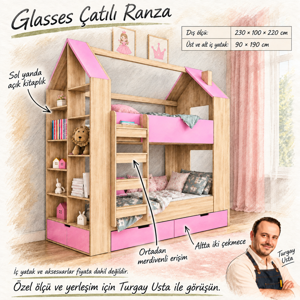 Glasses Çatılı Ranza Turgay Usta ölçü ve kullanım eskizi
