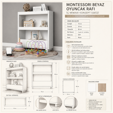 Montessori Beyaz Oyuncak Rafı