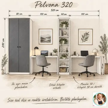 Pelvona 320 Orta Kitaplıklı İki Ayrı Masalı Gardıroplu Çalışma Odası