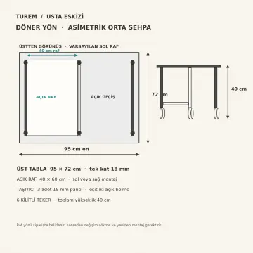 Döner Yön 95×72 cm Tekerlekli Asimetrik Orta Sehpa