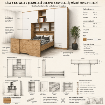Lisa 4 Kapaklı 2 Çekmeceli Dolaplı Karyola