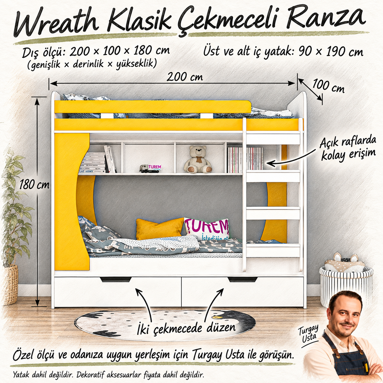 Wreath Klasik Çekmeceli Ranza Turgay Usta ölçü ve kullanım eskizi
