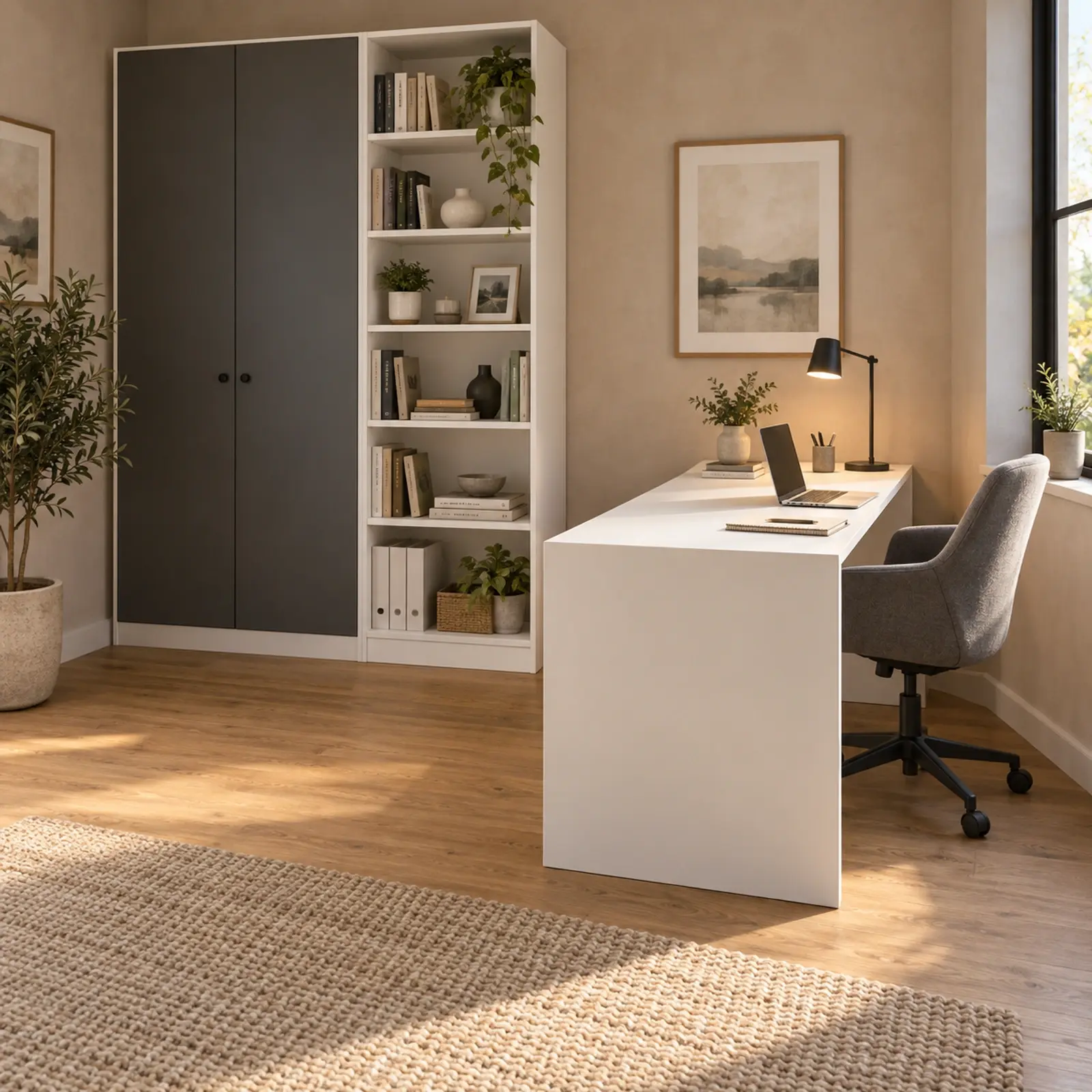 Neruvia P170 Yarımada Masalı Kitaplıklı Gardıroplu Çalışma Odası