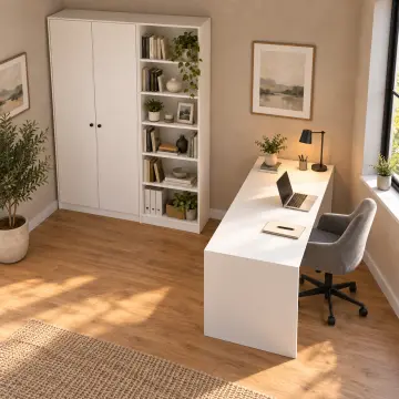 Neruvia P170 Yarımada Masalı Kitaplıklı Gardıroplu Çalışma Odası