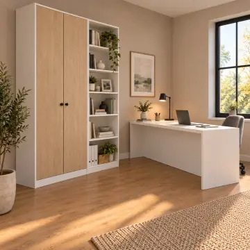 Neruvia P170 Yarımada Masalı Kitaplıklı Gardıroplu Çalışma Odası