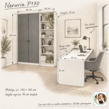 Neruvia P170 Yarımada Masalı Kitaplıklı Gardıroplu Çalışma Odası