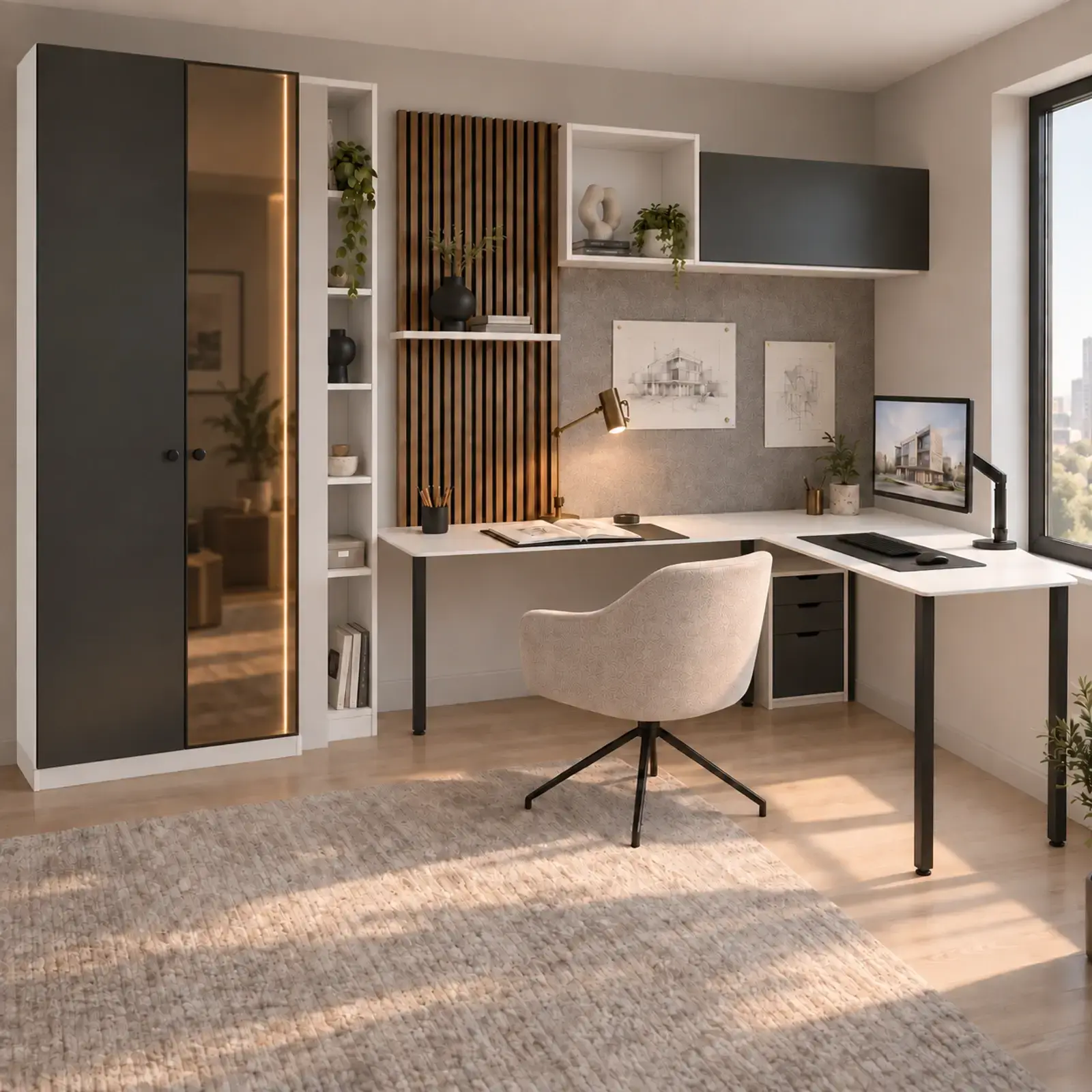 Nesviora L310 Bronz Reflekte Camlı Üst Dolaplı Gardıroplu Genç Odası Çalışma Alanı