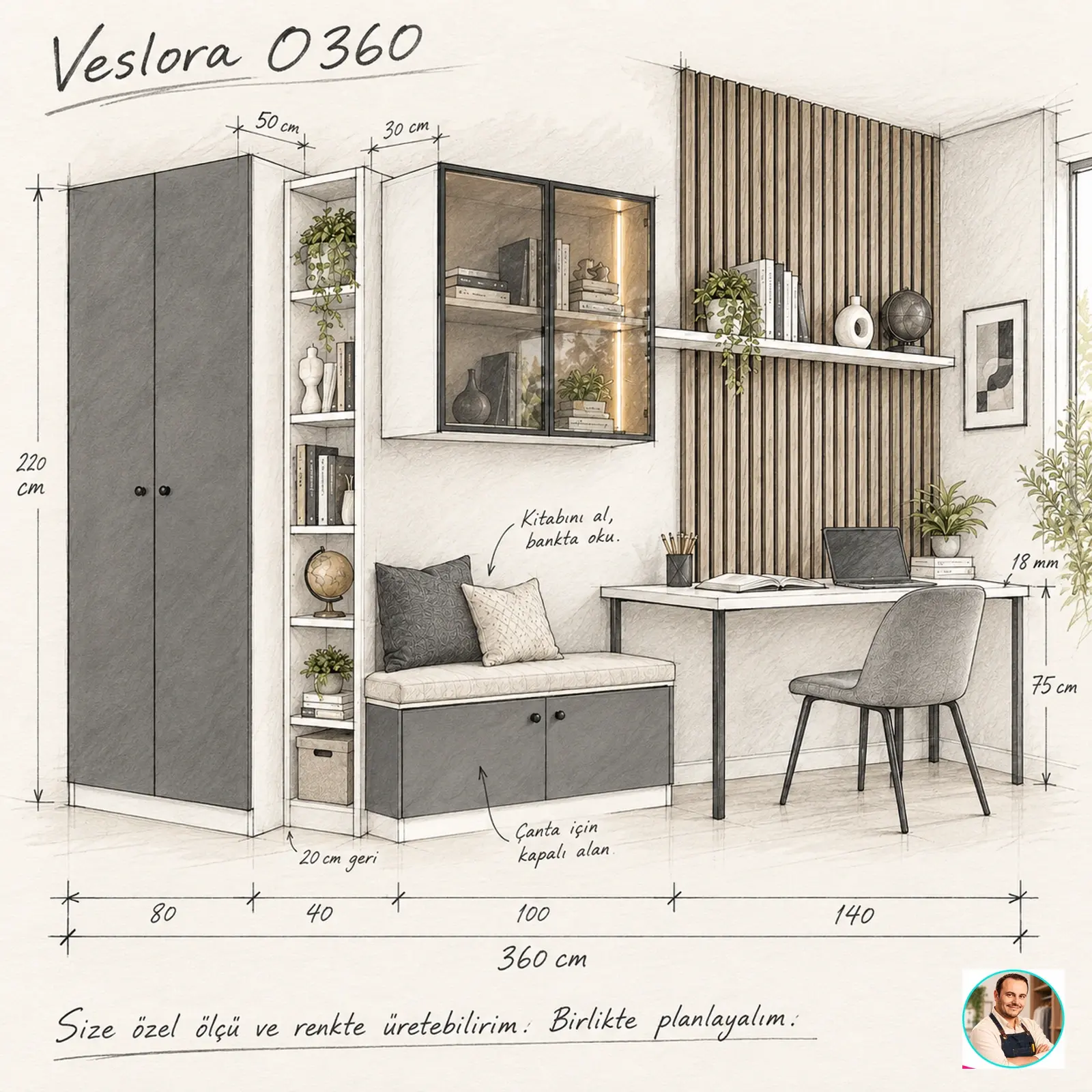 Veslora O360 ölçülü mimari yerleşim ve okuma bankı eskizi