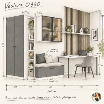 Veslora O360 Bronz Reflekte Camlı Okuma Banklı Gardıroplu Genç Çalışma Alanı