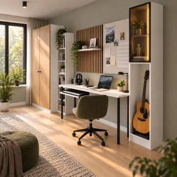 Melviora M320 Bronz Reflekte Camlı Klavye Raflı Gardıroplu Genç Çalışma Alanı
