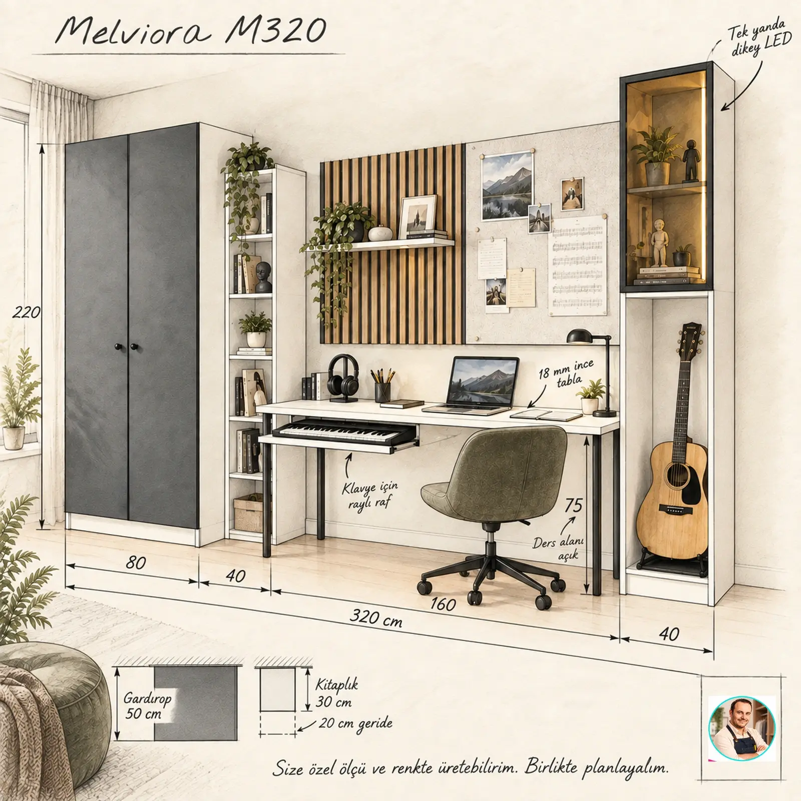 Melviora M320 klavye raflı genç çalışma alanı ölçü eskizi ve Turgay Usta tavsiyesi
