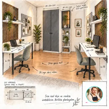 Renvessia D140 Bronz Reflekte Camlı Karşılıklı Duvar İkili Genç Çalışma Alanı