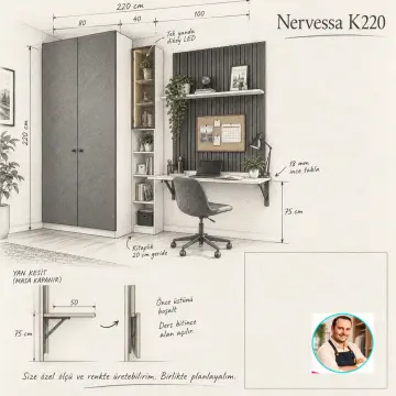 Nervessa K220 Bronz Reflekte Camlı Katlanır Masalı Gardıroplu Genç Çalışma Alanı