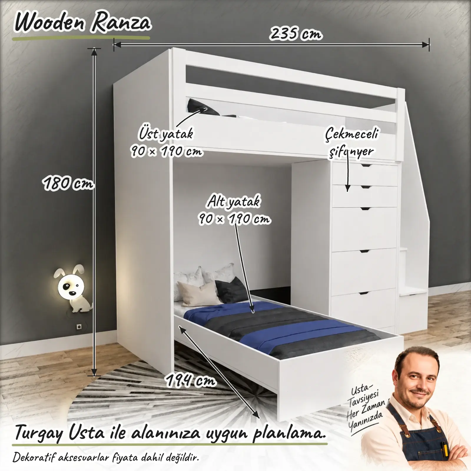 Wooden Ranza ölçülü Turgay Usta eskizi 235x194x180 cm