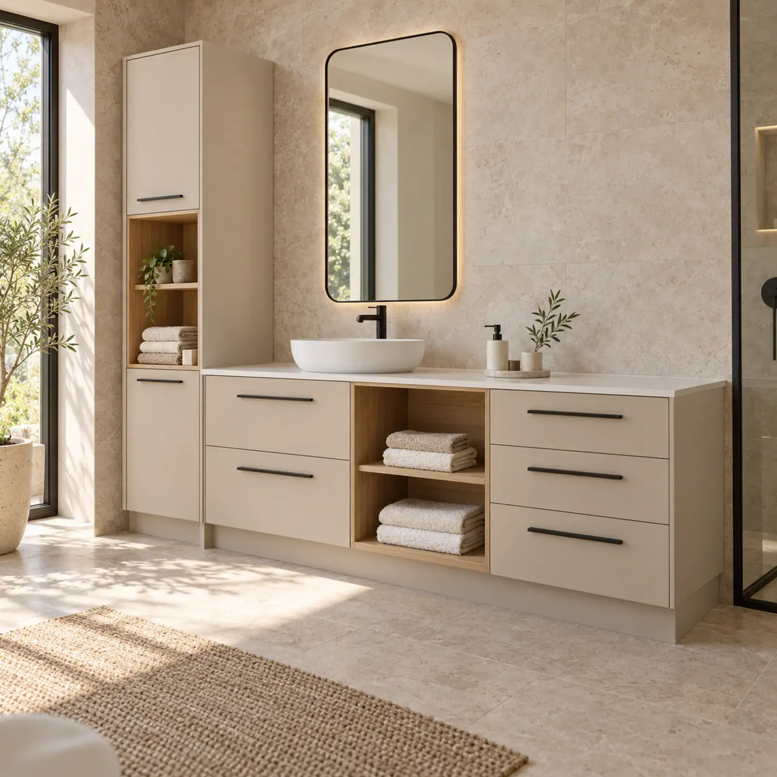 Airelvona Membran Sol Servis Kuleli, Beş Çekmeceli, Geniş Orta Açık Havlu Nişli Banyo Dolabı 230 cm