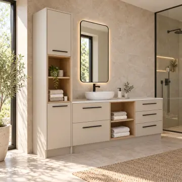 Airelvona Membran Sol Servis Kuleli, Beş Çekmeceli, Geniş Orta Açık Havlu Nişli Banyo Dolabı 230 cm
