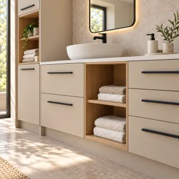 Airelvona Membran Sol Servis Kuleli, Beş Çekmeceli, Geniş Orta Açık Havlu Nişli Banyo Dolabı 230 cm