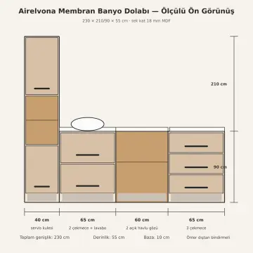 Airelvona Membran Sol Servis Kuleli, Beş Çekmeceli, Geniş Orta Açık Havlu Nişli Banyo Dolabı 230 cm