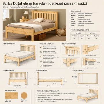 Barlas Doğal Ahşap Karyola Tek kişilik 90x190 cm