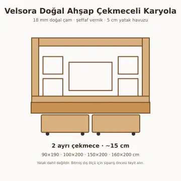 Velsora Doğal Ahşap Çekmeceli Karyola