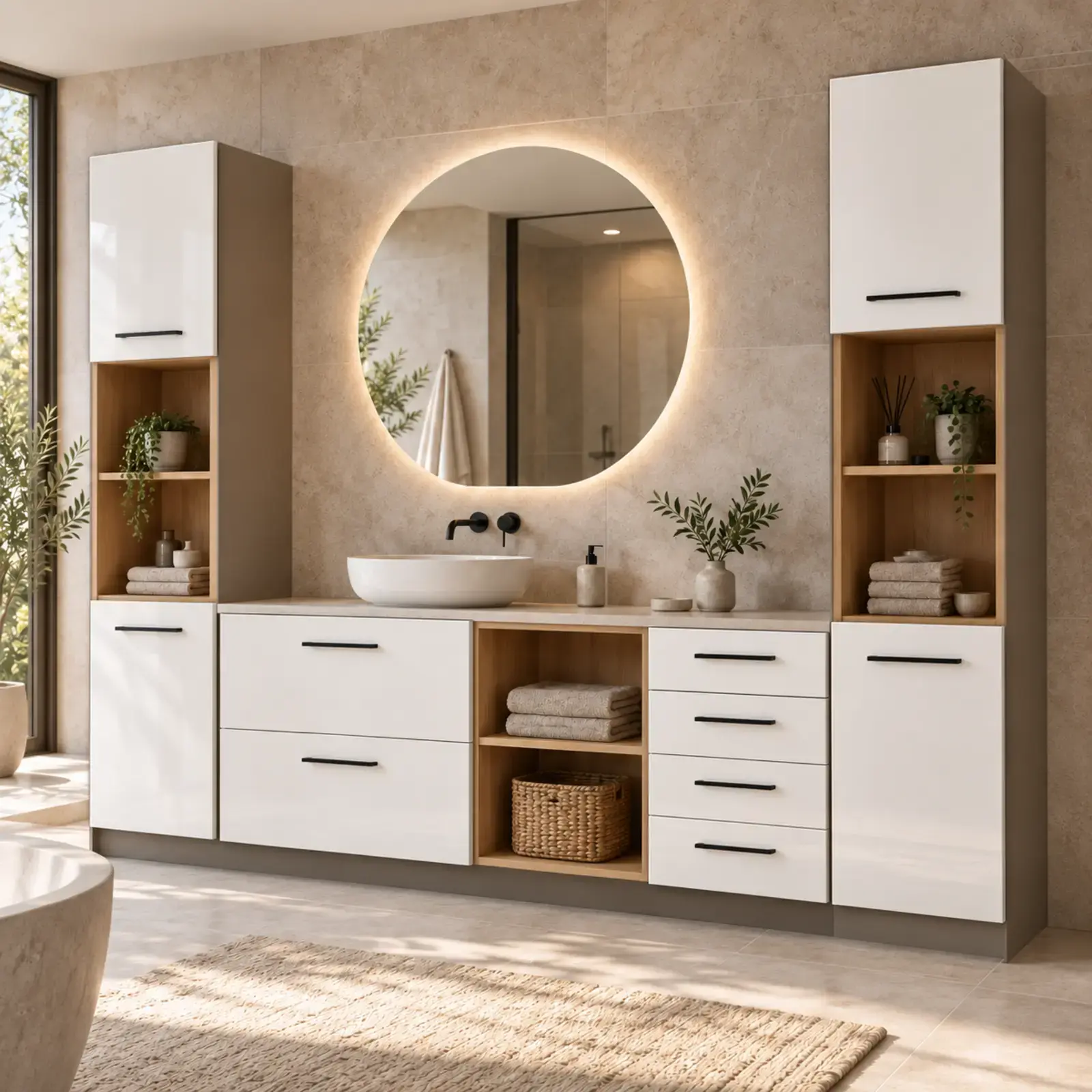 Birelvassa High Gloss Çift Servis Kuleli, Altı Çekmeceli, Geniş Orta Açık Havlu Nişli Banyo Dolabı 250 cm