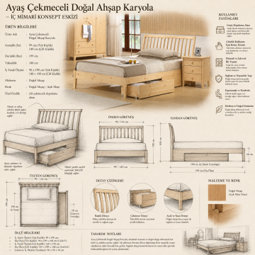 Ayas Çekmeceli Doğal Ahşap Karyola Çift kişilik 140x190 cm