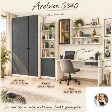 Arelvion S340 Bronz Reflekte Camlı Sınava Hazırlık Düzenli Gardıroplu Çalışma Masası