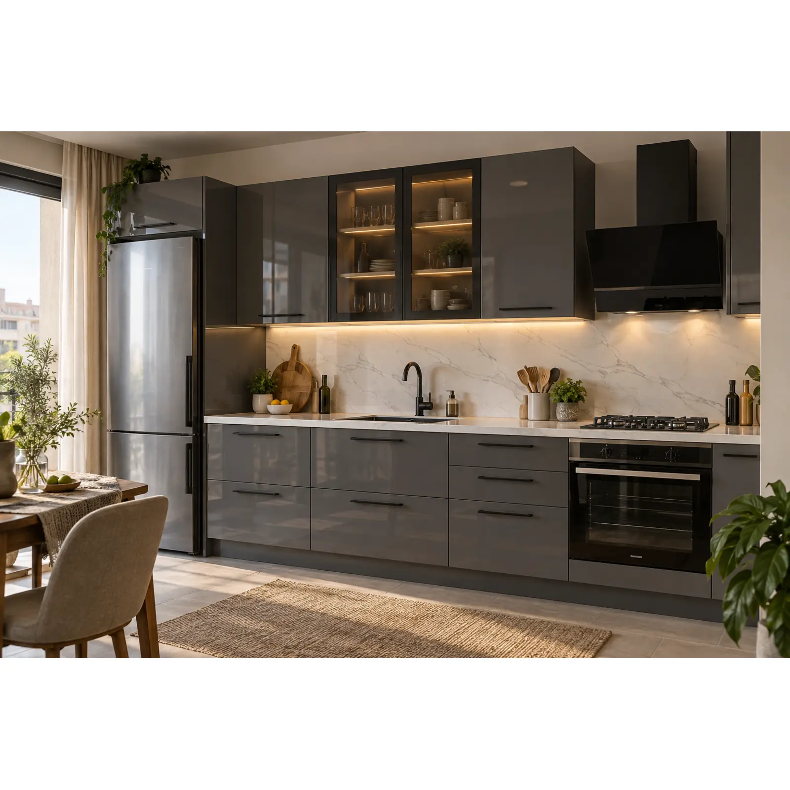 Selvora AGT High Gloss Düz Mutfak Dolabı – 6016 Onyx Gri