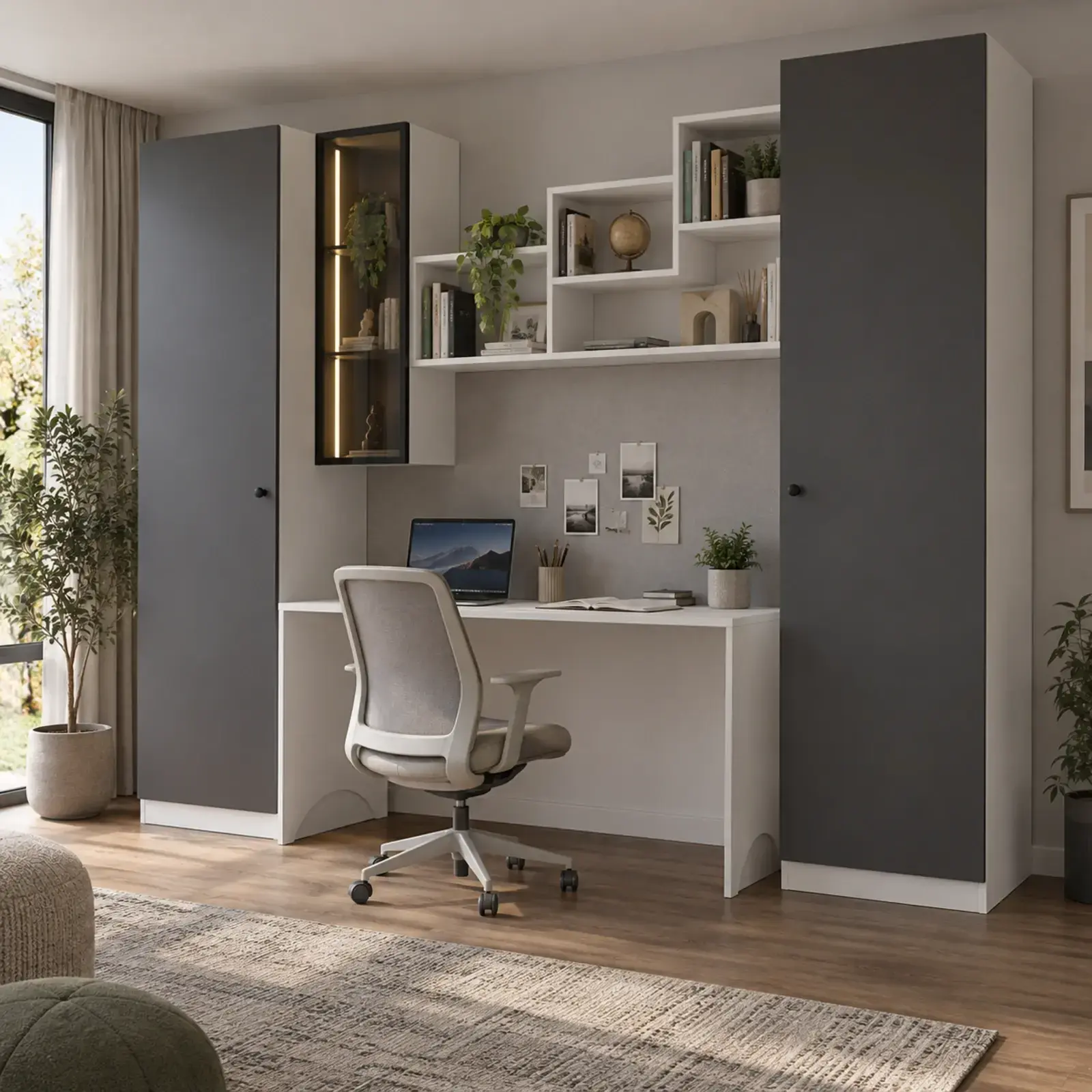 Varelqis N260 Bronz Reflekte Camlı Çift Kanat Nişli Gardıroplu Çalışma Masası