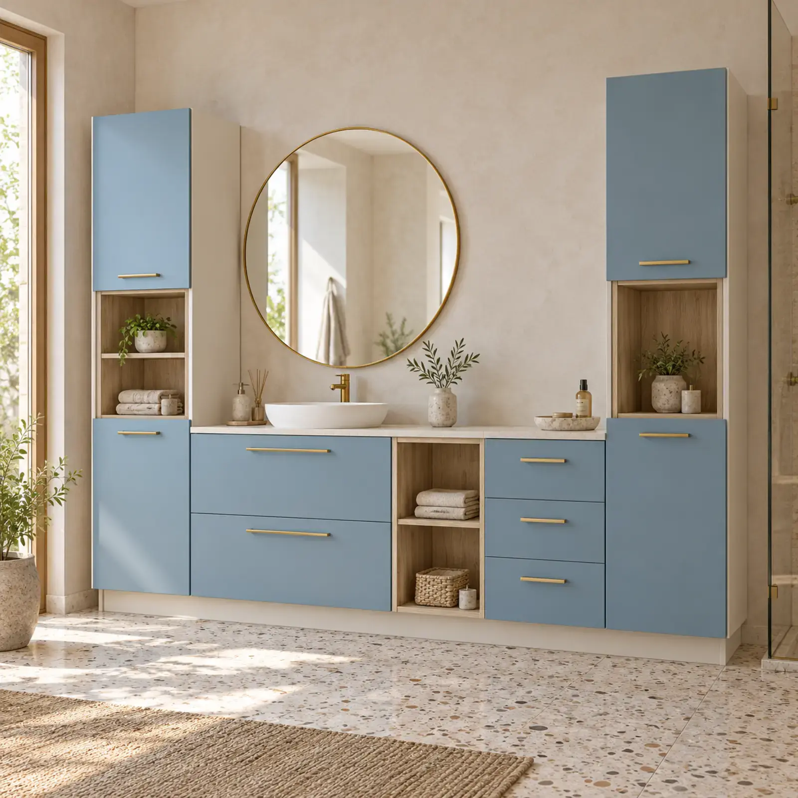 Cirelvanya Lake Asimetrik Çift Servis Kuleli, Beş Çekmeceli Havlu Nişli Banyo Dolabı 245 cm