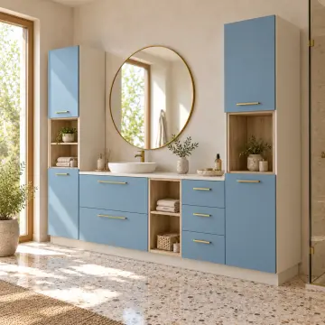 Cirelvanya Lake Asimetrik Çift Servis Kuleli, Beş Çekmeceli Havlu Nişli Banyo Dolabı 245 cm