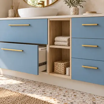 Cirelvanya Lake Asimetrik Çift Servis Kuleli, Beş Çekmeceli Havlu Nişli Banyo Dolabı 245 cm