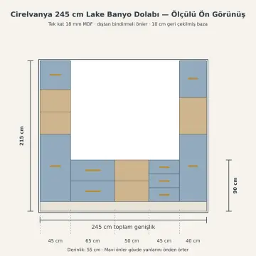 Cirelvanya Lake Asimetrik Çift Servis Kuleli, Beş Çekmeceli Havlu Nişli Banyo Dolabı 245 cm