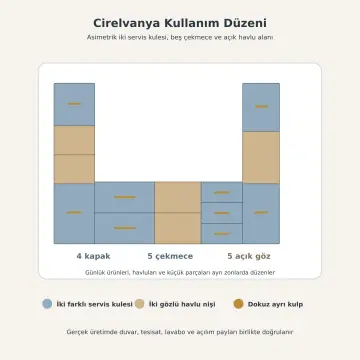 Cirelvanya Lake Asimetrik Çift Servis Kuleli, Beş Çekmeceli Havlu Nişli Banyo Dolabı 245 cm