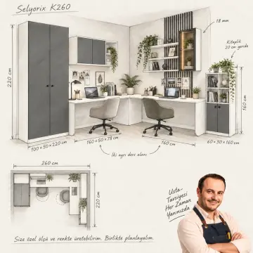 Selyorix K260 Bronz Reflekte Camlı İki Kişilik Köşe Çalışma Masası ve Gardırop