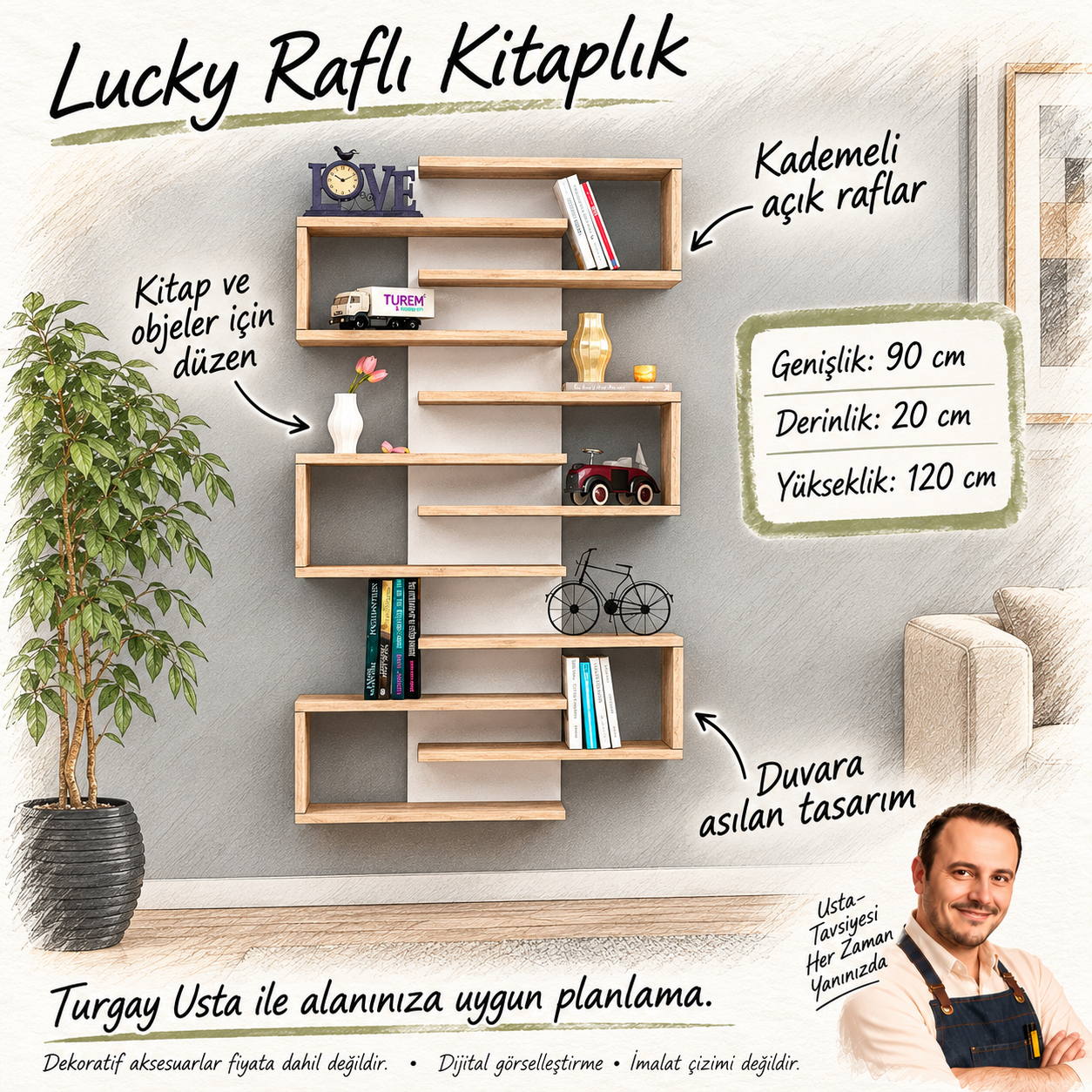 Lucky Raflı Kitaplık 90 x 20 x 120 cm Turgay Usta ölçülü eskiz