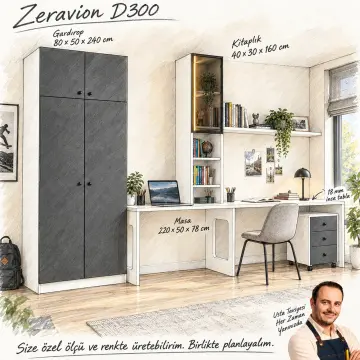 Zeravion D300 Bronz Reflekte Camlı Ekran ve Yazı Alanı Ayrılmış Gardıroplu Çalışma Masası