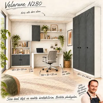 Velarune N280 Membran Kapaklı Kiriş Altı Nişli Gardıroplu Çalışma Masası