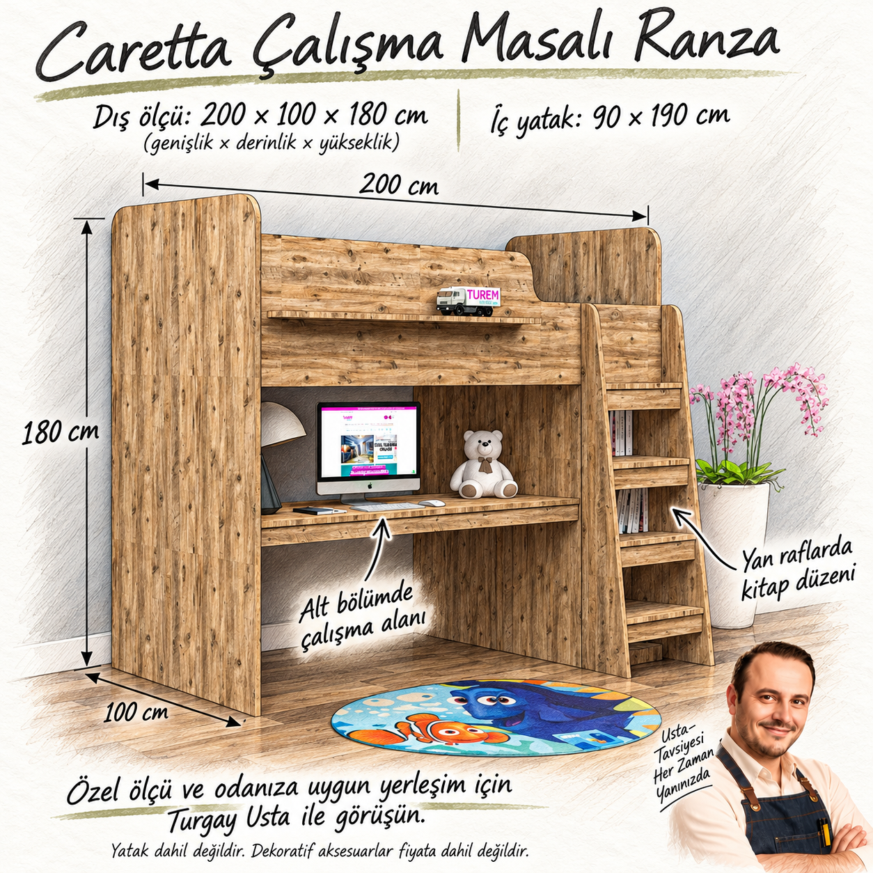 Caretta Çalışma Masalı Ranza Turgay Usta ölçü ve kullanım eskizi