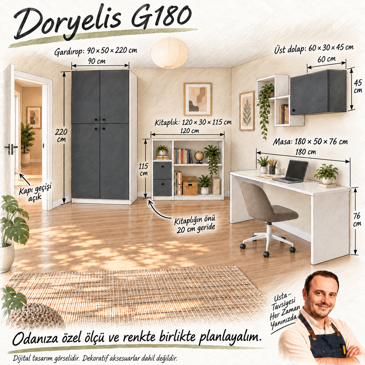 Doryelis G180 kapı geçişini koruyan kitaplıklı çalışma masası ölçüleri ve Turgay Usta tavsiyesi