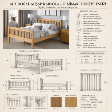 Ala Doğal Ahşap Karyola Tek kişilik 90x190 cm