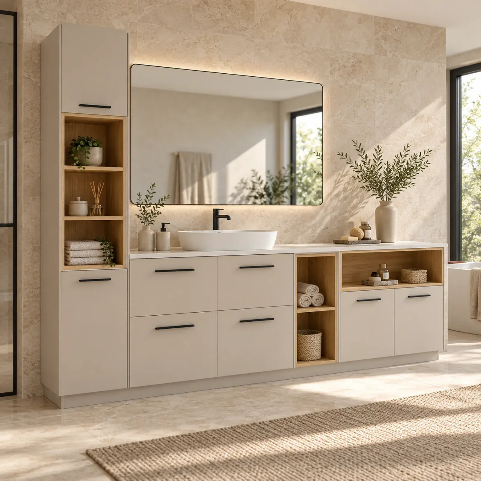 Darelvona Düz MDF Tek Servis Kuleli, Dört Çekmeceli, Çift Açık Havlu Nişli ve Kapalı Yan Modüllü Banyo Dolabı 240 cm